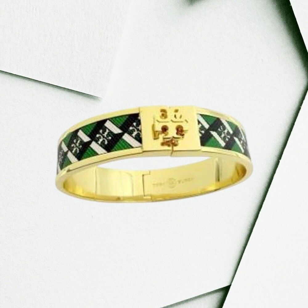 Tory Burch Leather Inlay Hinged Bangle Bracelet in Green, Gold, Black, White NWT